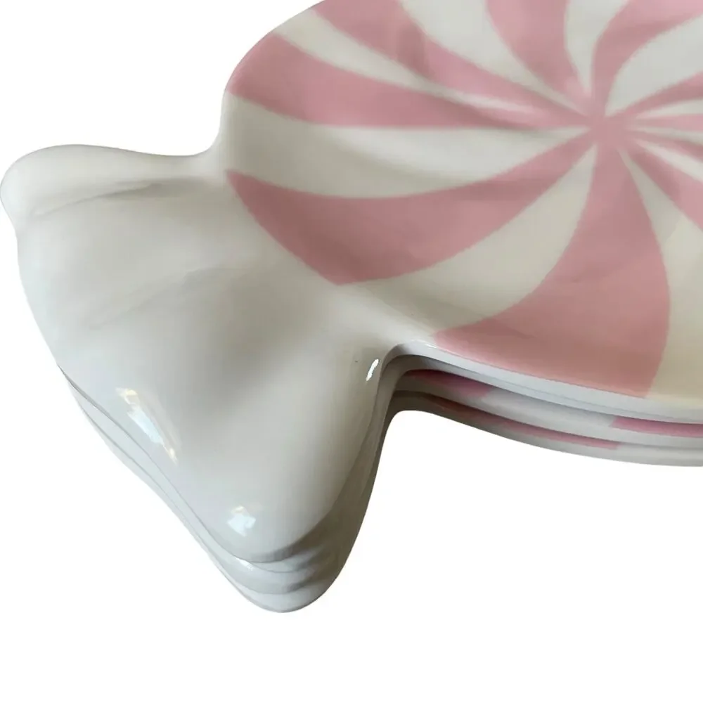 Peppermint Candy Shaped Melamine Christmas Appetizer Plate Set 4 PINK & White